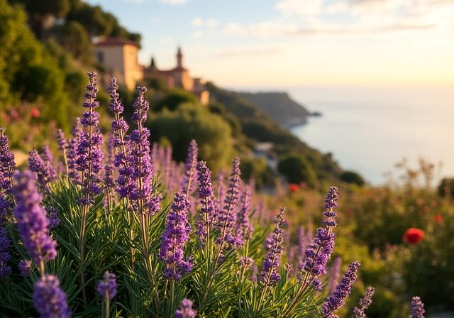 Piante lussureggianti in un giardino mediterraneo vicino al mare