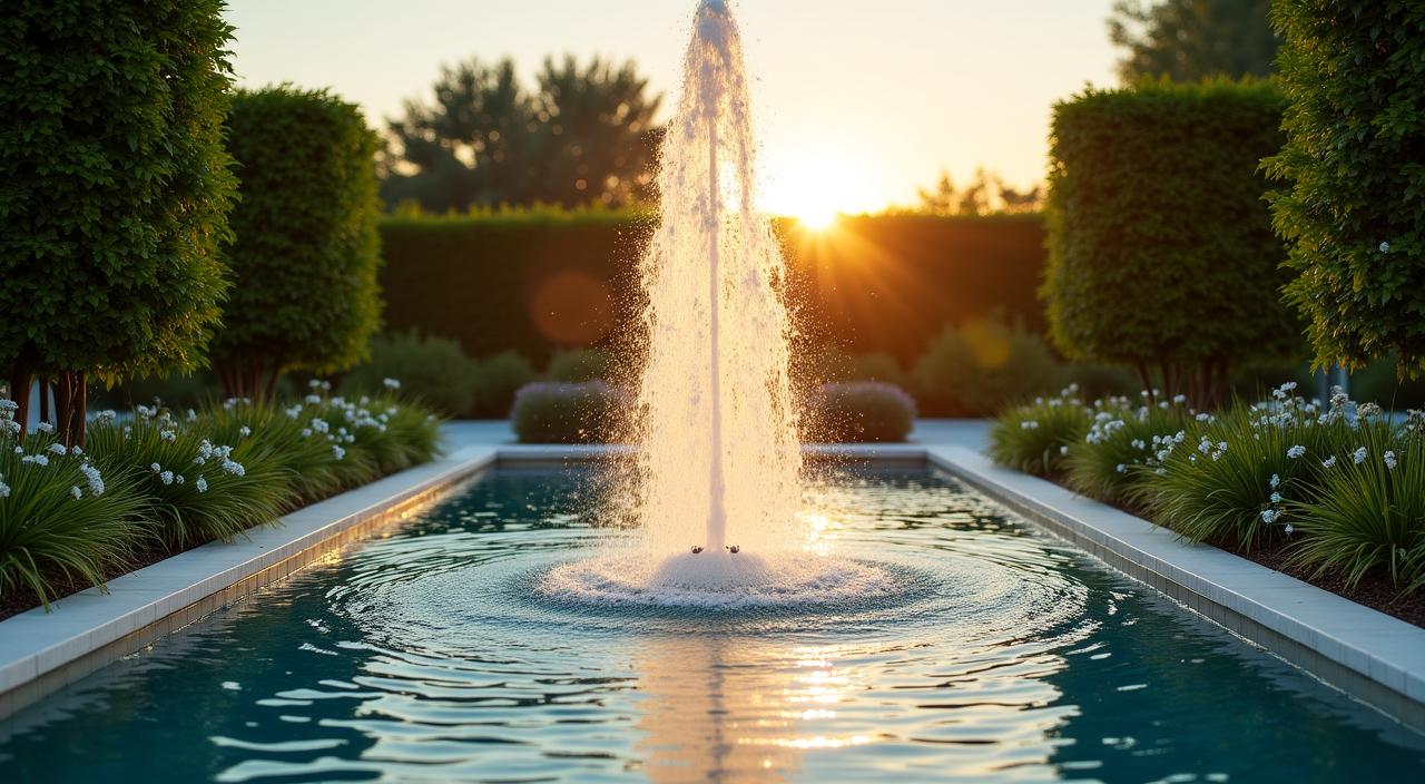 Una maestosa fontana moderna in un giardino lussureggiante