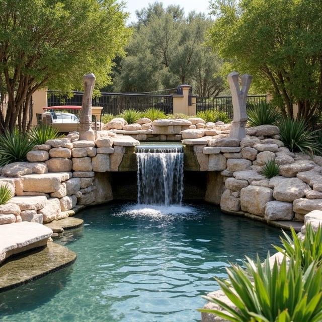Splendido giardino finito con cascata e ponte in legno