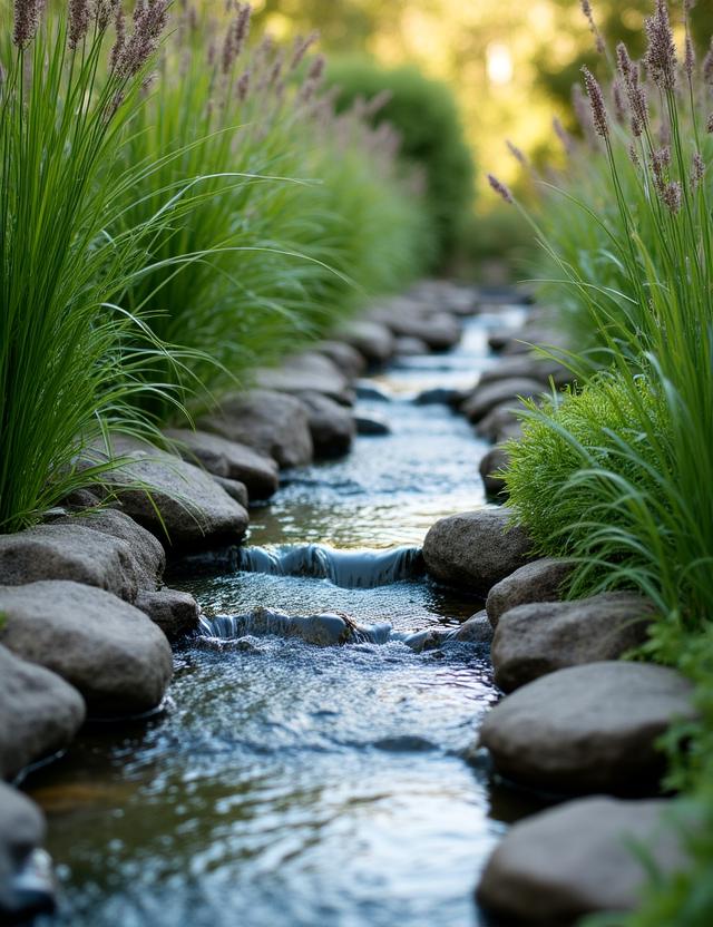 Giardino con ruscello artificiale e vegetazione costiera