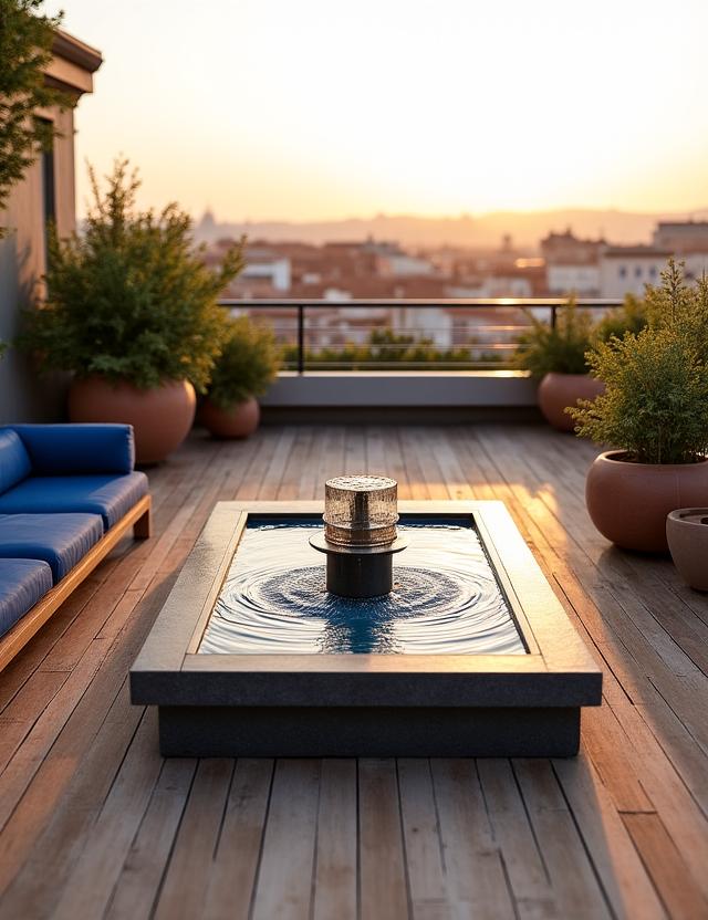 Terrazza di lusso a Roma con fontana zen e pavimentazione in teak