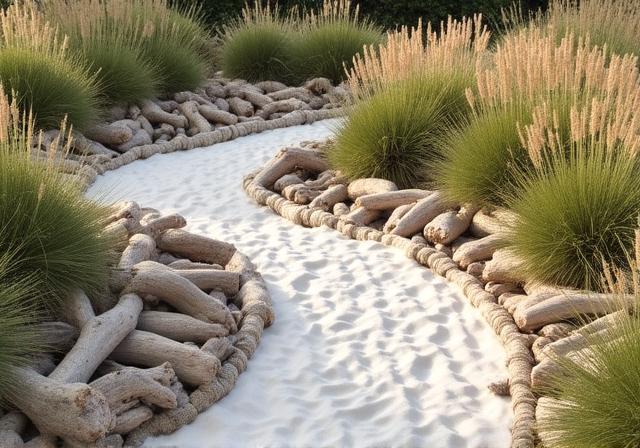 Giardino a tema nautico con legni di deriva e piante costiere
