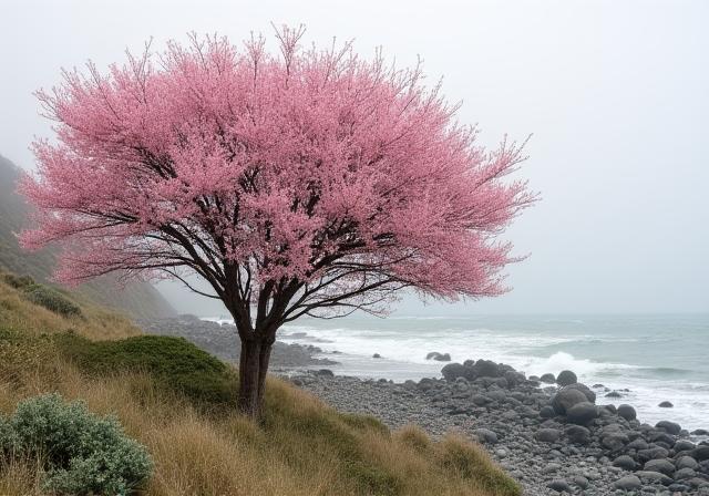 Albero di Tamerice con fiori rosa pallido vicino alla costa